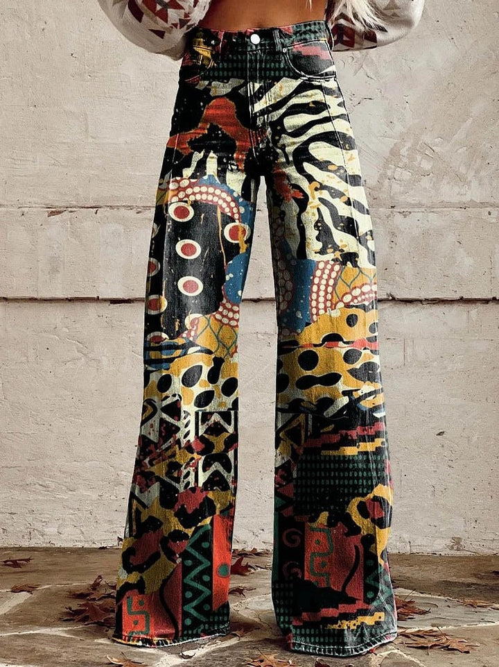 Kiki | Retro Printed Trousers with High Waist and Full Length Flare