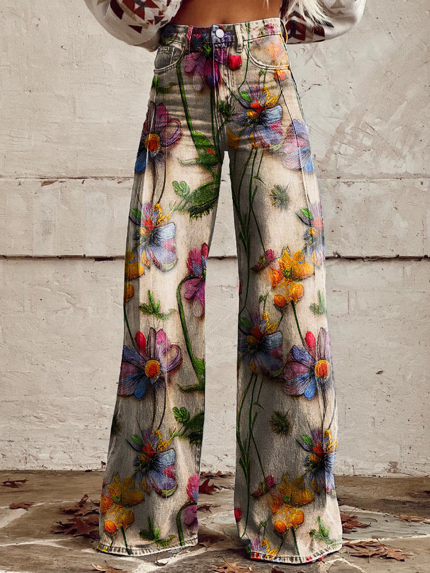 Kiki | Retro Printed Trousers with High Waist and Full Length Flare