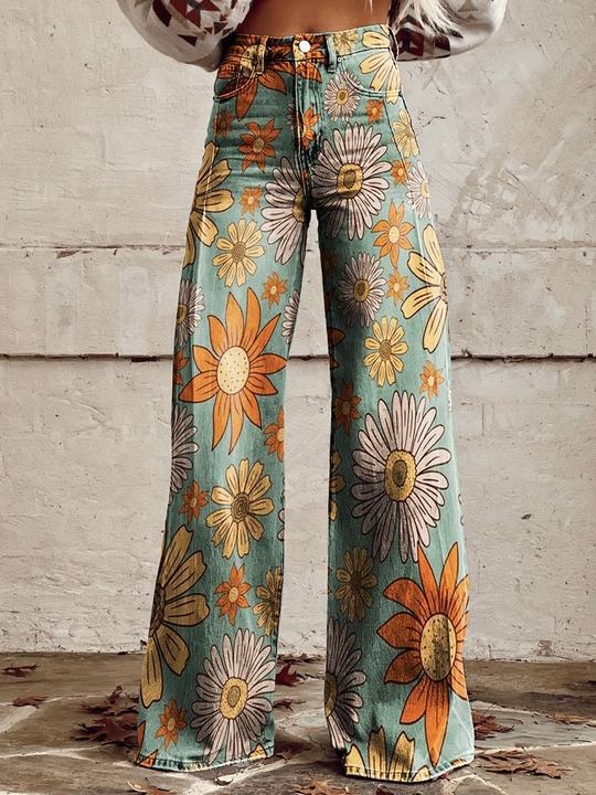 Kiki | Retro Printed Trousers with High Waist and Full Length Flare
