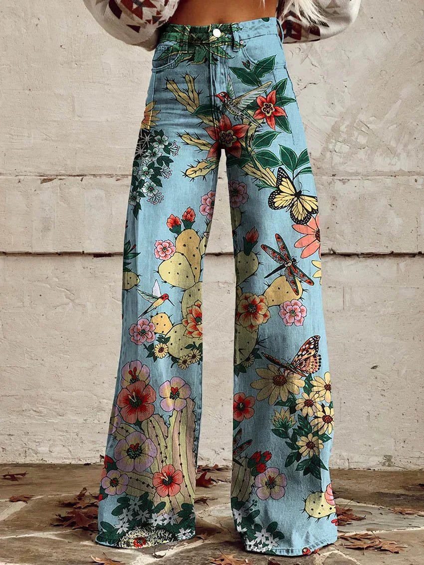 Kiki | Retro Printed Trousers with High Waist and Full Length Flare