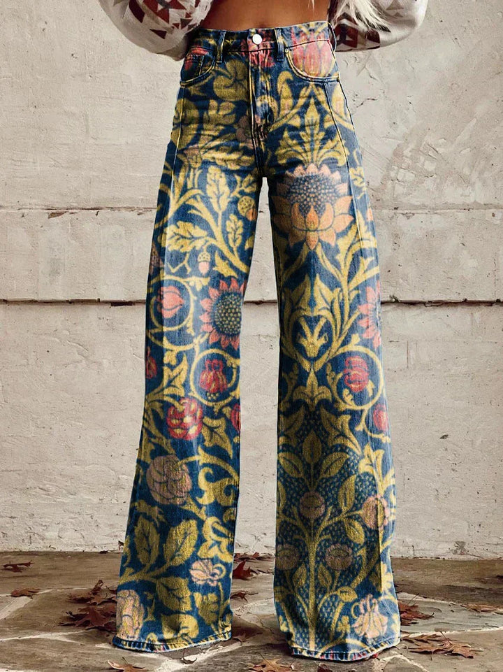 Kiki | Retro Printed Trousers with High Waist and Full Length Flare