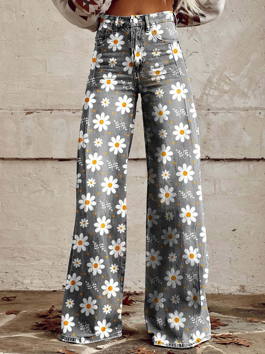 Kiki | Retro Printed Trousers with High Waist and Full Length Flare