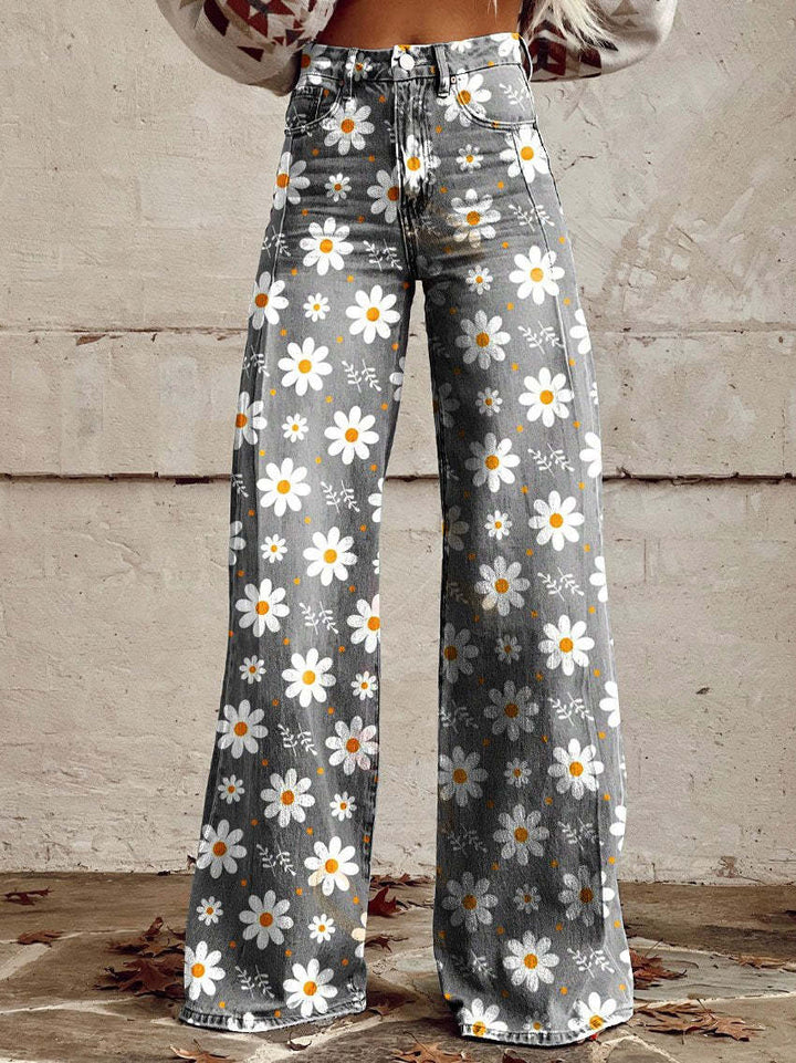 Kiki | Retro Printed Trousers with High Waist and Full Length Flare