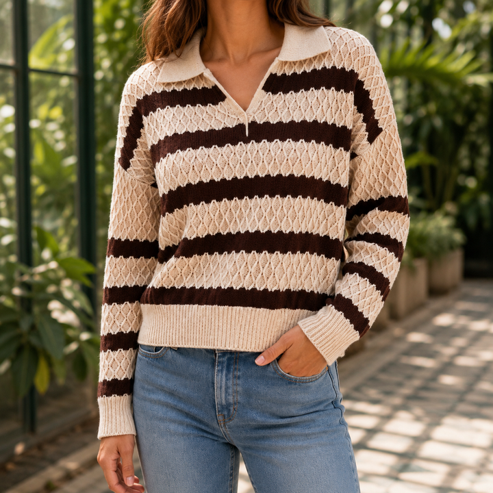 Aliana | Retro Striped Open Collar Sweater with Diamond Knit Texture