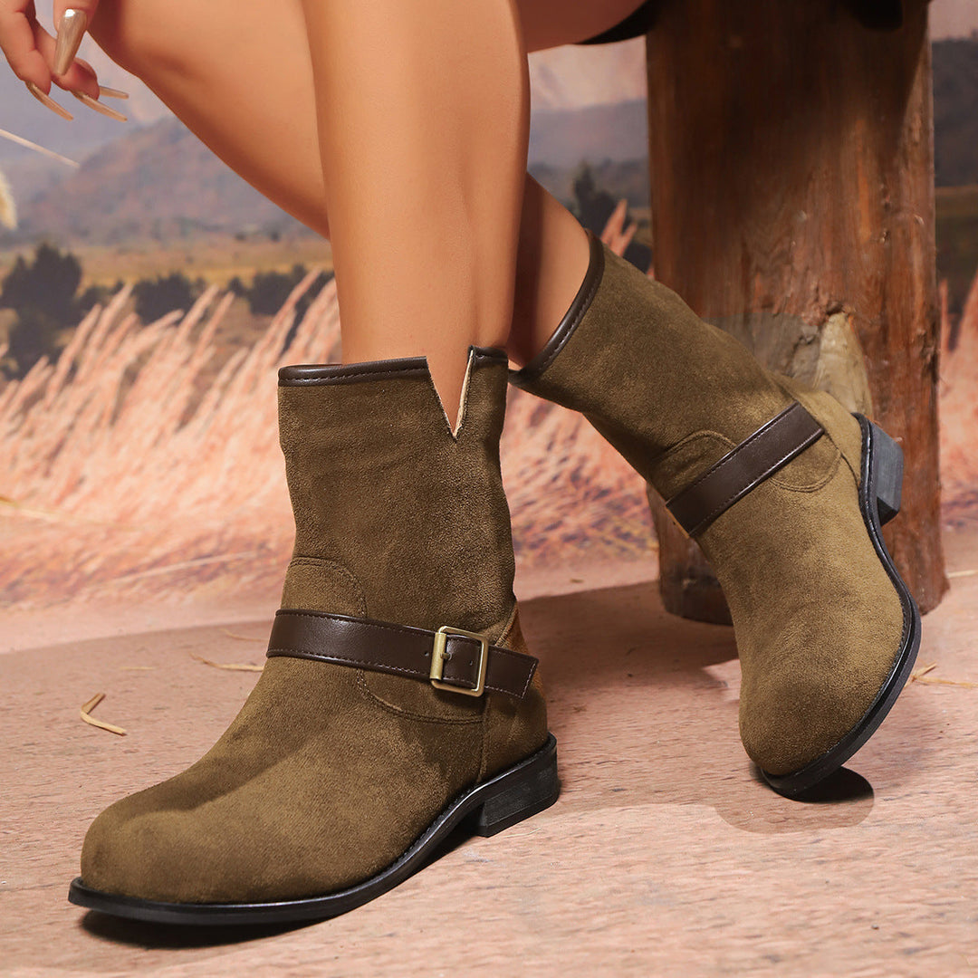 Estella | Retro Suede Ankle Boots with Brown Buckle Strap