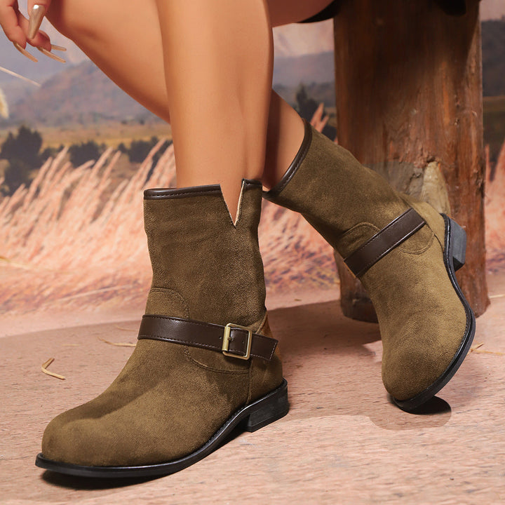 Estella | Retro Suede Ankle Boots with Brown Buckle Strap