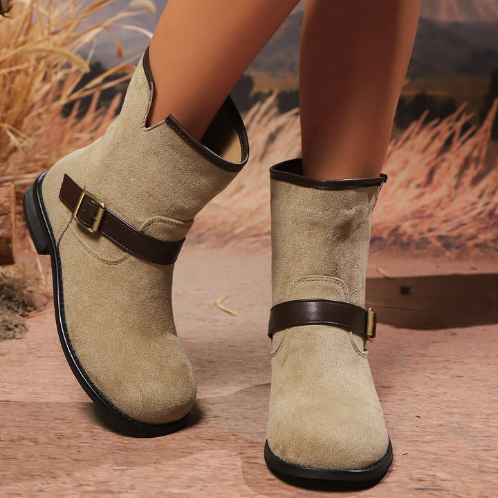 Estella | Retro Suede Ankle Boots with Brown Buckle Strap
