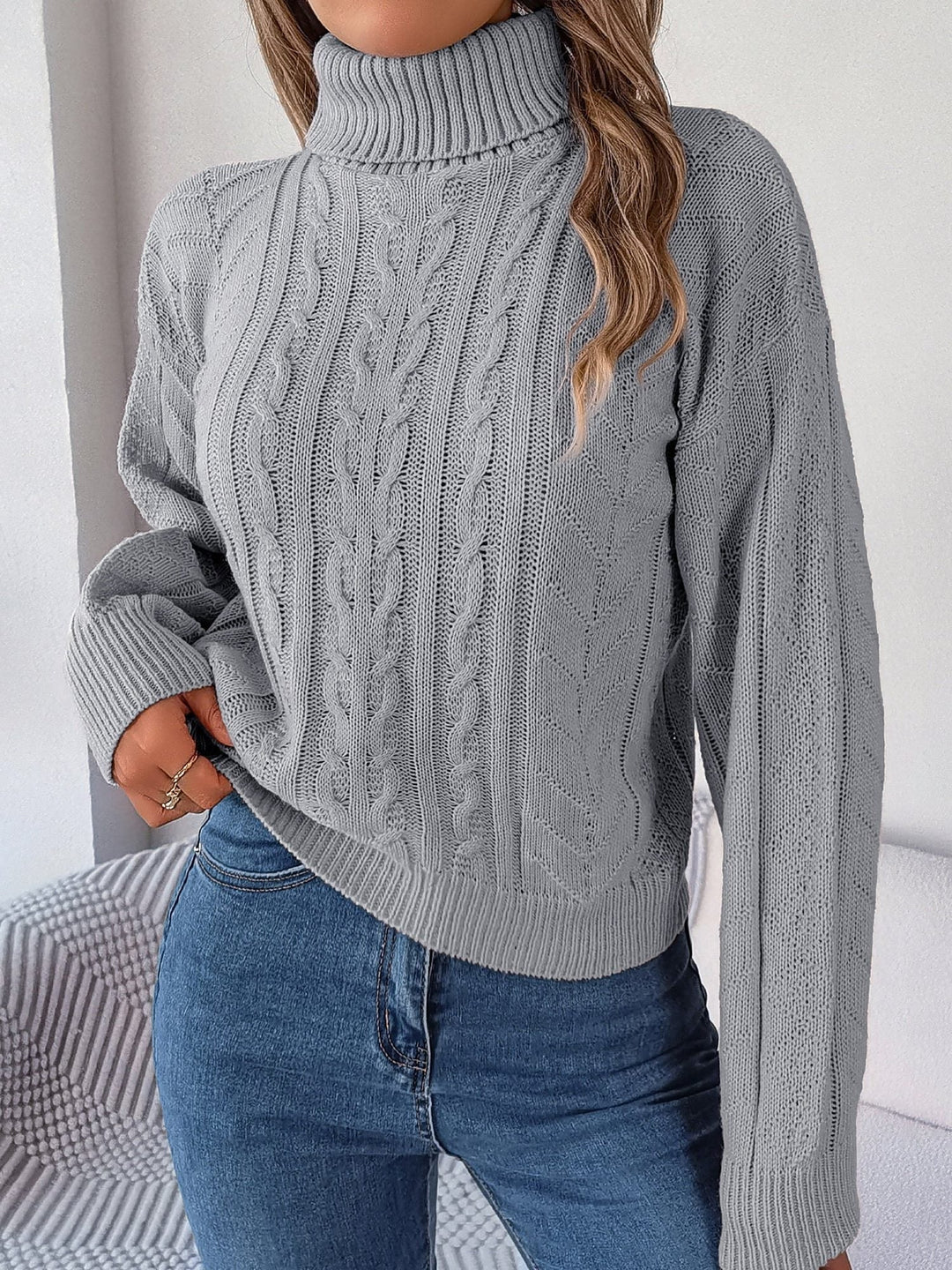 Elina | Rich Cable Knit Turtleneck Sweater with Puff Sleeves