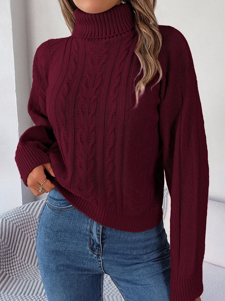 Elina | Rich Cable Knit Turtleneck Sweater with Puff Sleeves