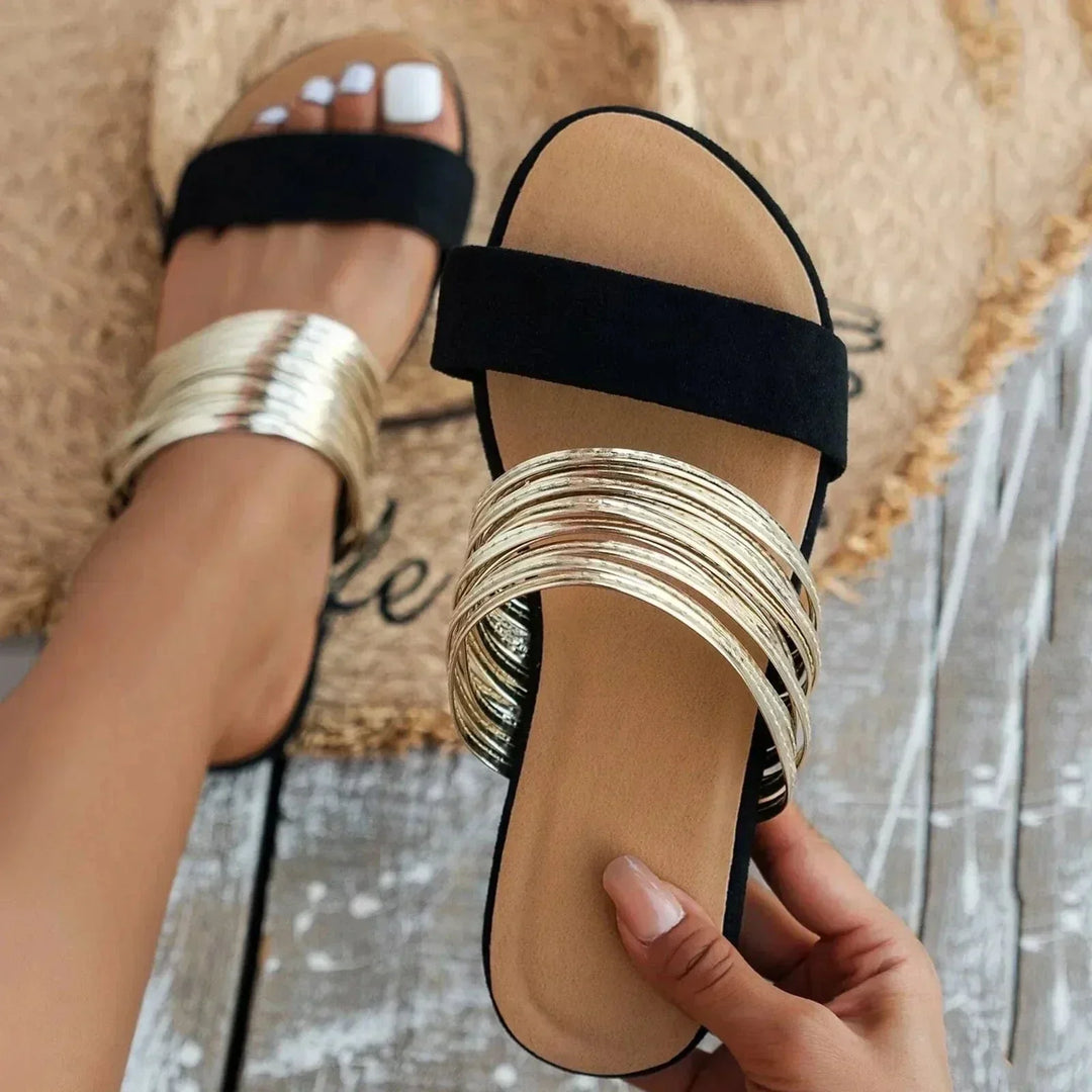 Hanna | Chique Flat Sandals with Multi-Strand Gold Strap Detail