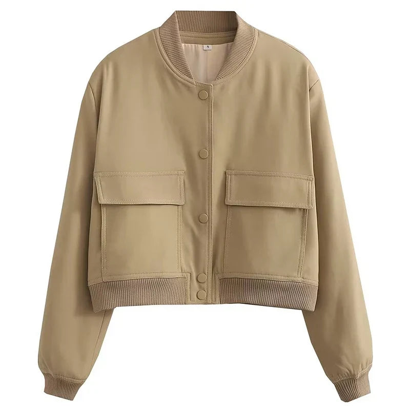 Hunter | Cropped Bomber Jacket with Snap Front and Flap Pockets