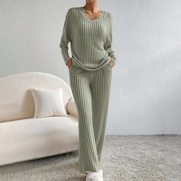 Dahlia | Women's Ribbed Knit Two Piece Set with V-Neckline and Wide Leg Trousers