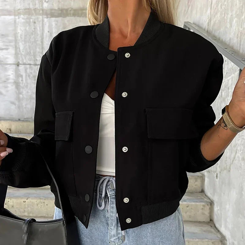 Hunter | Cropped Bomber Jacket with Snap Front and Flap Pockets
