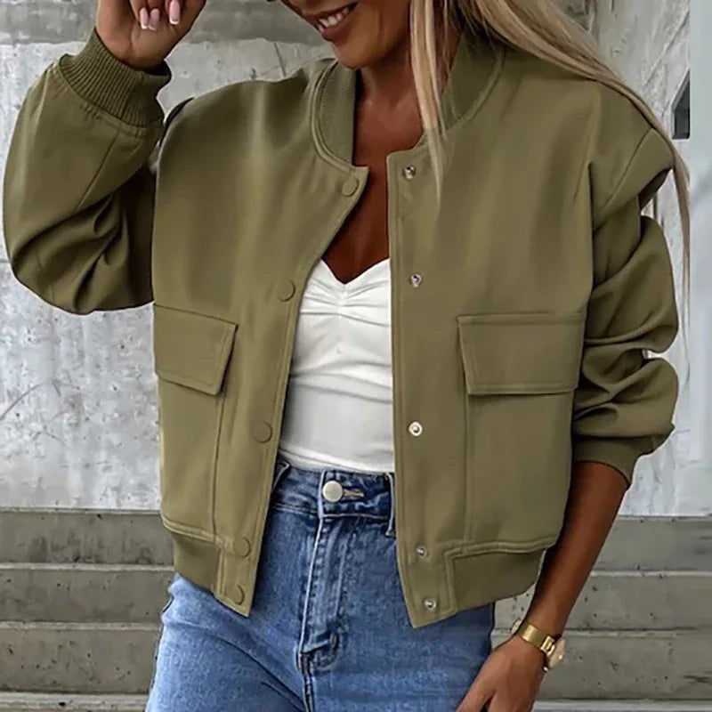 Hunter | Cropped Bomber Jacket with Snap Front and Flap Pockets