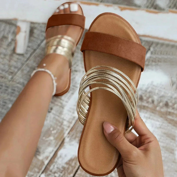 Hanna | Chique Flat Sandals with Multi-Strand Gold Strap Detail