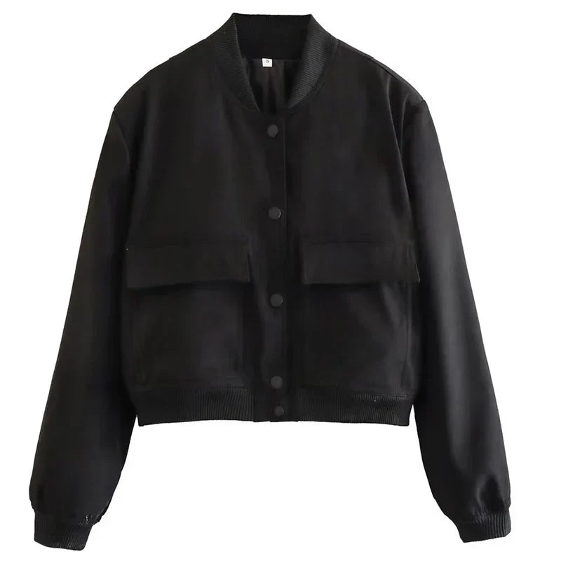 Hunter | Cropped Bomber Jacket with Snap Front and Flap Pockets