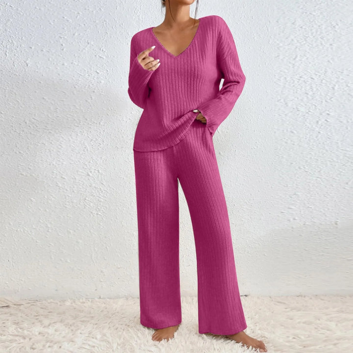 Dahlia | Women's Ribbed Knit Two Piece Set with V-Neckline and Wide Leg Trousers