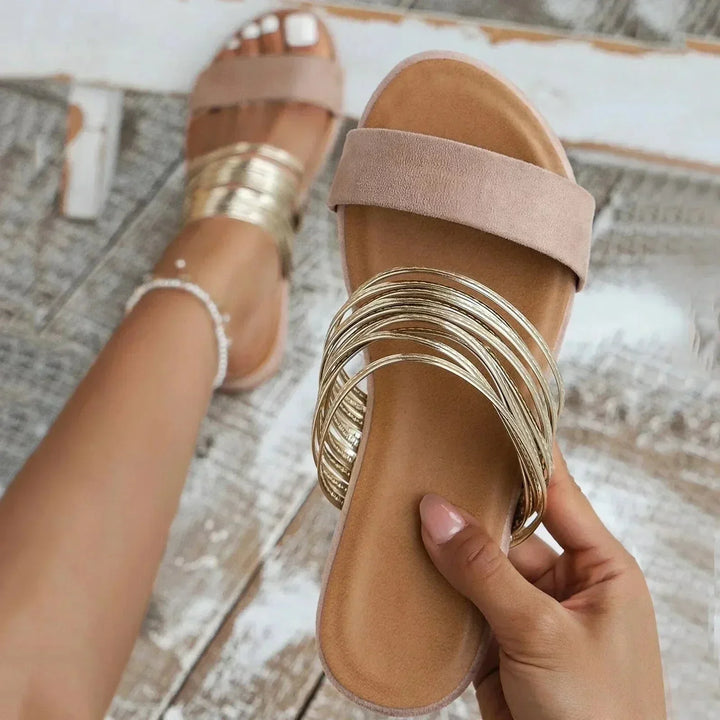 Hanna | Chique Flat Sandals with Multi-Strand Gold Strap Detail