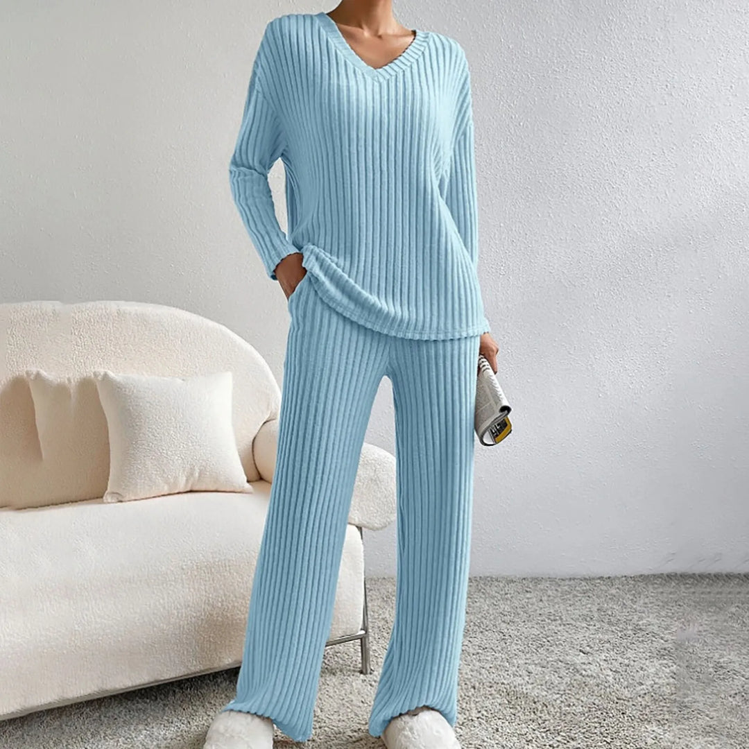 Dahlia | Women's Ribbed Knit Two Piece Set with V-Neckline and Wide Leg Trousers