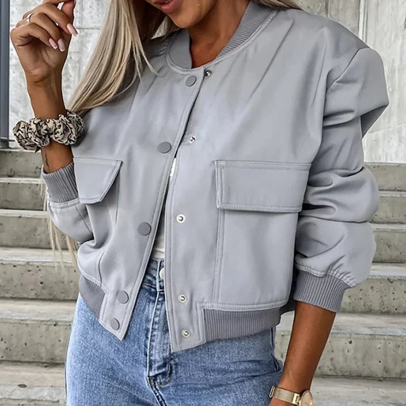 Hunter | Cropped Bomber Jacket with Snap Front and Flap Pockets