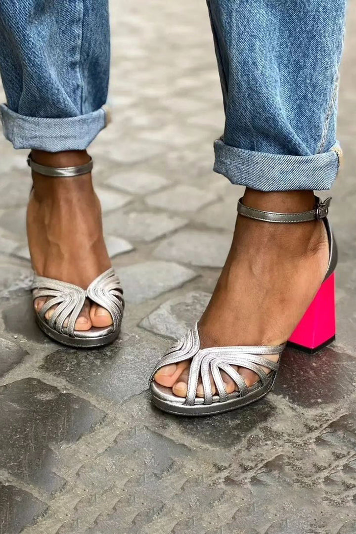 Bella | Silver Strappy Block Heel Sandals with Ankle Strap