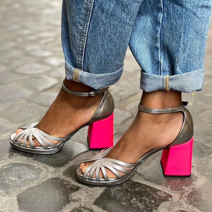 Bella | Silver Strappy Block Heel Sandals with Ankle Strap