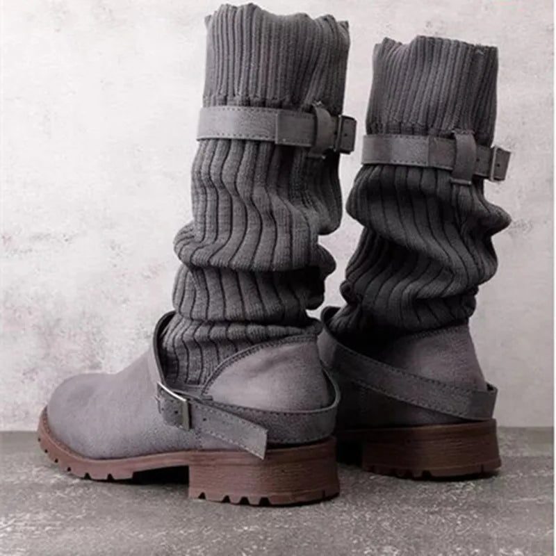 Tessa | Women's Suede Mid Calf Boots with Knit Cuff and Double Buckle