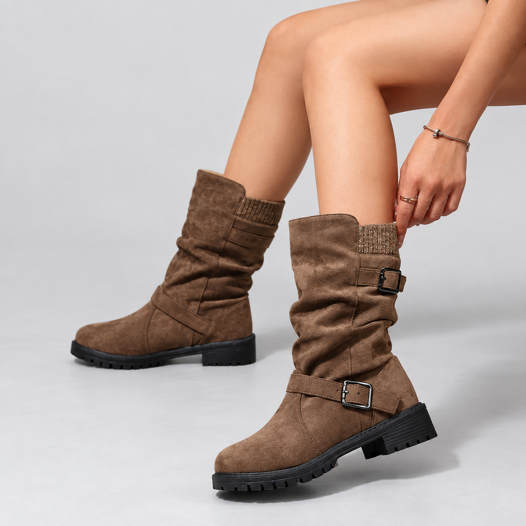 Tessa | Women's Suede Mid Calf Boots with Knit Cuff and Double Buckle