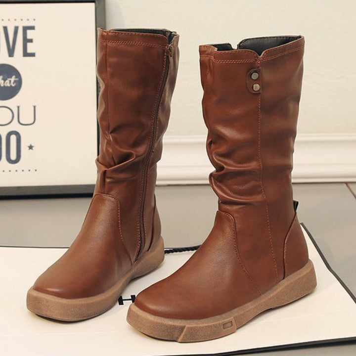 Bonnie | Slouchy Mid Calf Leather Boots with Chunky Flat Sole