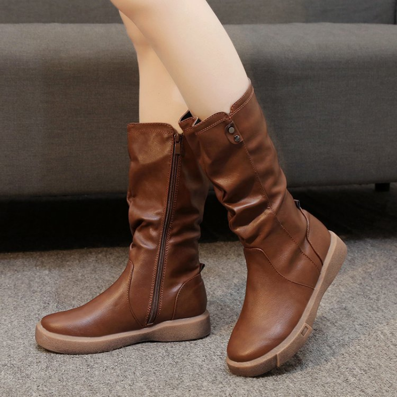 Bonnie | Slouchy Mid Calf Leather Boots with Chunky Flat Sole