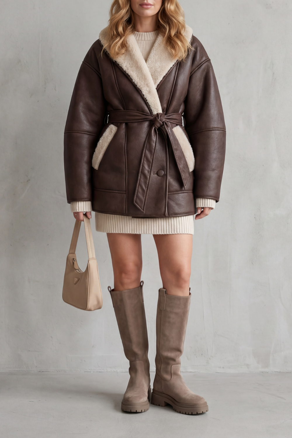 Felicity | Oversized Leather Coat with Sherpa Lining and Tie Belt