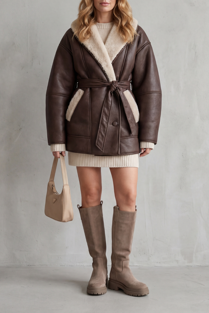 Felicity | Oversized Leather Coat with Sherpa Lining and Tie Belt