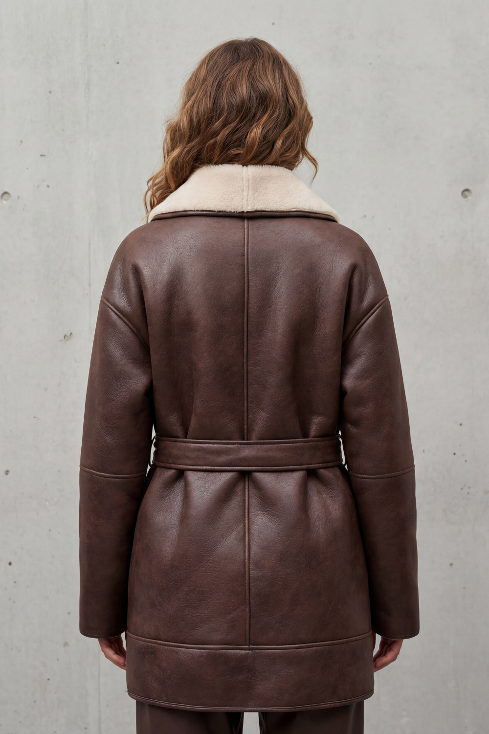 Felicity | Oversized Leather Coat with Sherpa Lining and Tie Belt