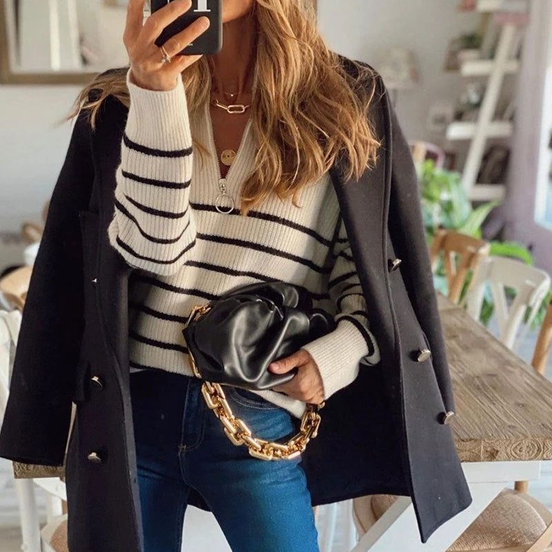 Novah | Striped Half Zip Knit Sweater with Ribbed Texture