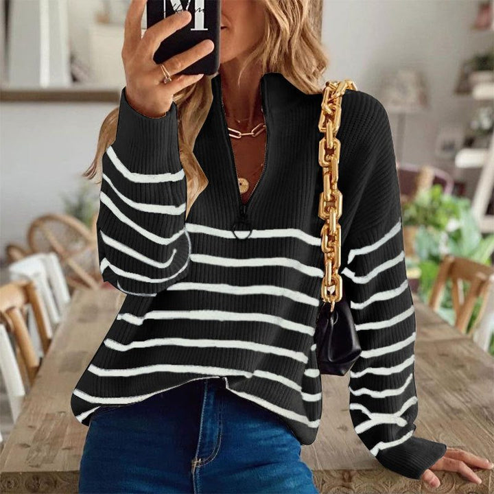 Novah | Striped Half Zip Knit Sweater with Ribbed Texture