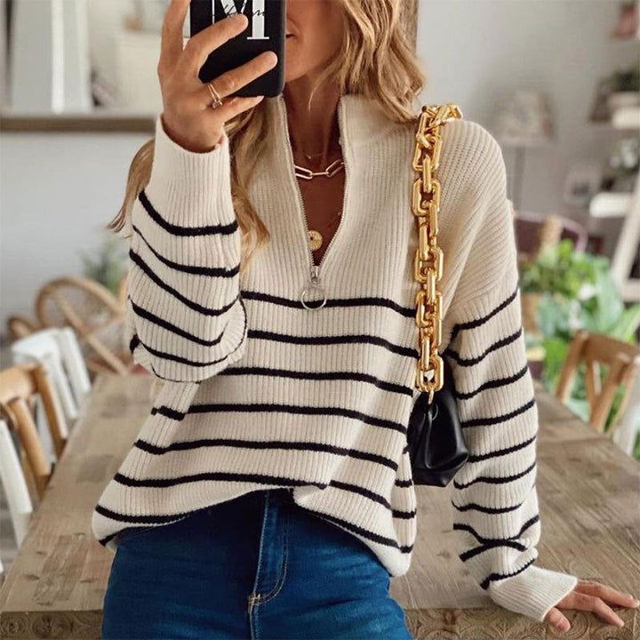 Novah | Striped Half Zip Knit Sweater with Ribbed Texture