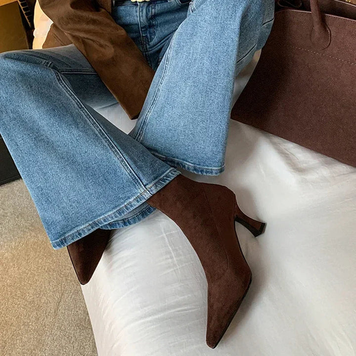 Alina | Suede Pointed Toe Heeled Ankle Boots with Stiletto Heel