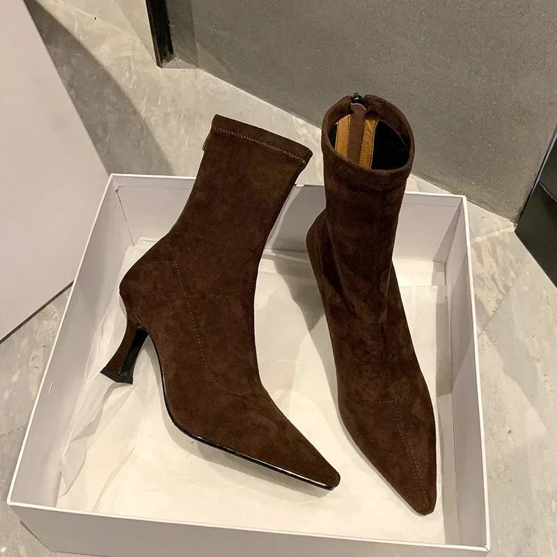 Alina | Suede Pointed Toe Heeled Ankle Boots with Stiletto Heel