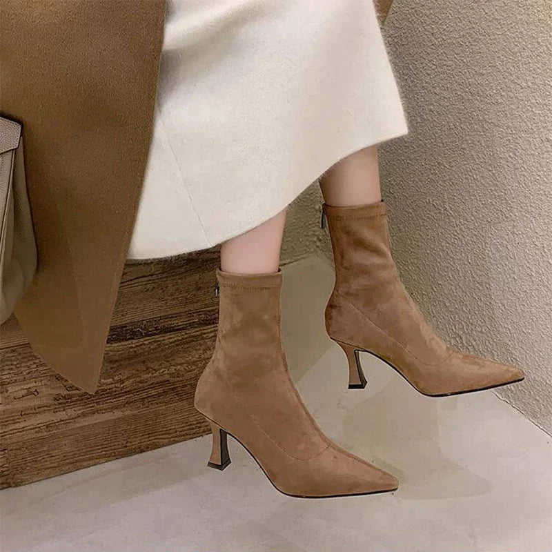 Alina | Suede Pointed Toe Heeled Ankle Boots with Stiletto Heel