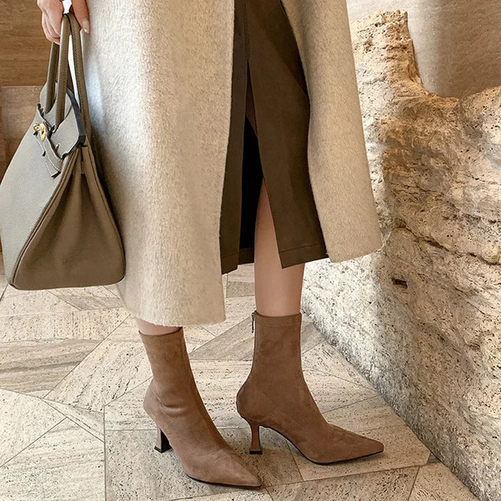 Alina | Suede Pointed Toe Heeled Ankle Boots with Stiletto Heel