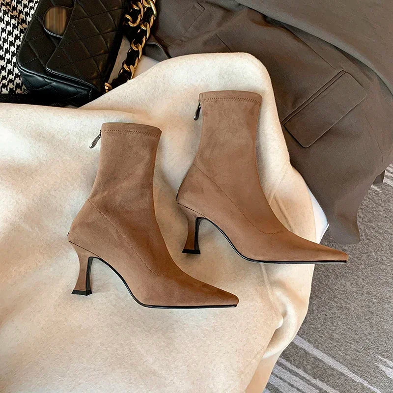 Alina | Suede Pointed Toe Heeled Ankle Boots with Stiletto Heel
