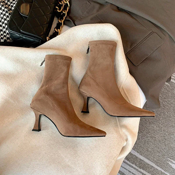 Alina | Suede Pointed Toe Heeled Ankle Boots with Stiletto Heel