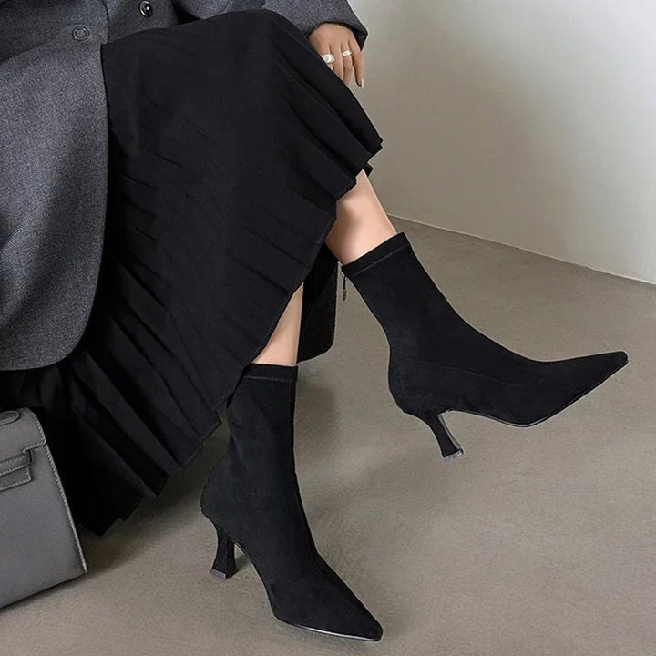 Alina | Suede Pointed Toe Heeled Ankle Boots with Stiletto Heel