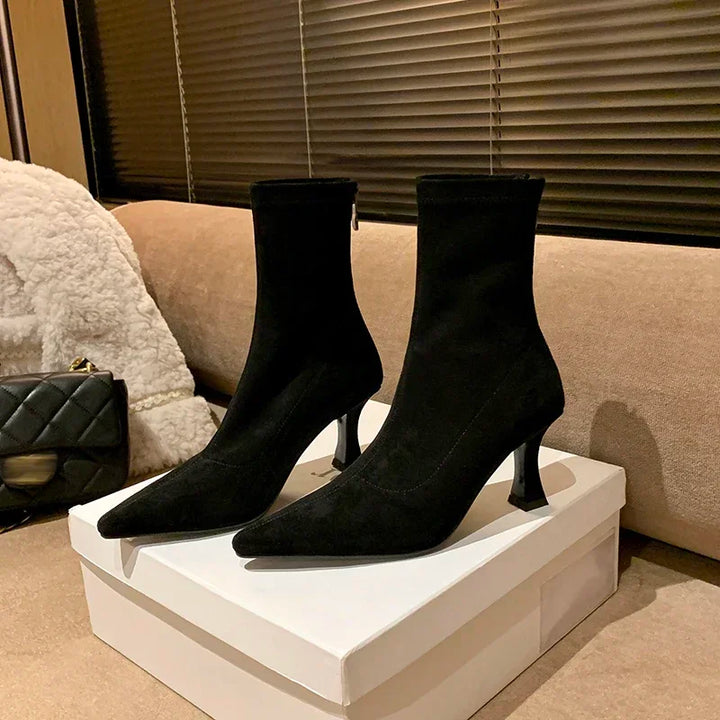 Alina | Suede Pointed Toe Heeled Ankle Boots with Stiletto Heel