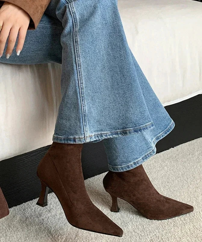 Alina | Suede Pointed Toe Heeled Ankle Boots with Stiletto Heel