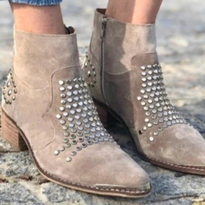 Madeline | Taupe Studded Suede Ankle Boots with Block Heel and Pointed Toe