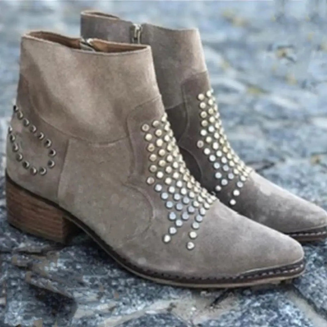 Madeline | Taupe Studded Suede Ankle Boots with Block Heel and Pointed Toe