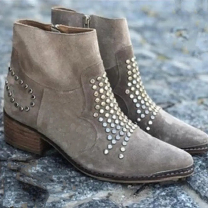 Madeline | Taupe Studded Suede Ankle Boots with Block Heel and Pointed Toe