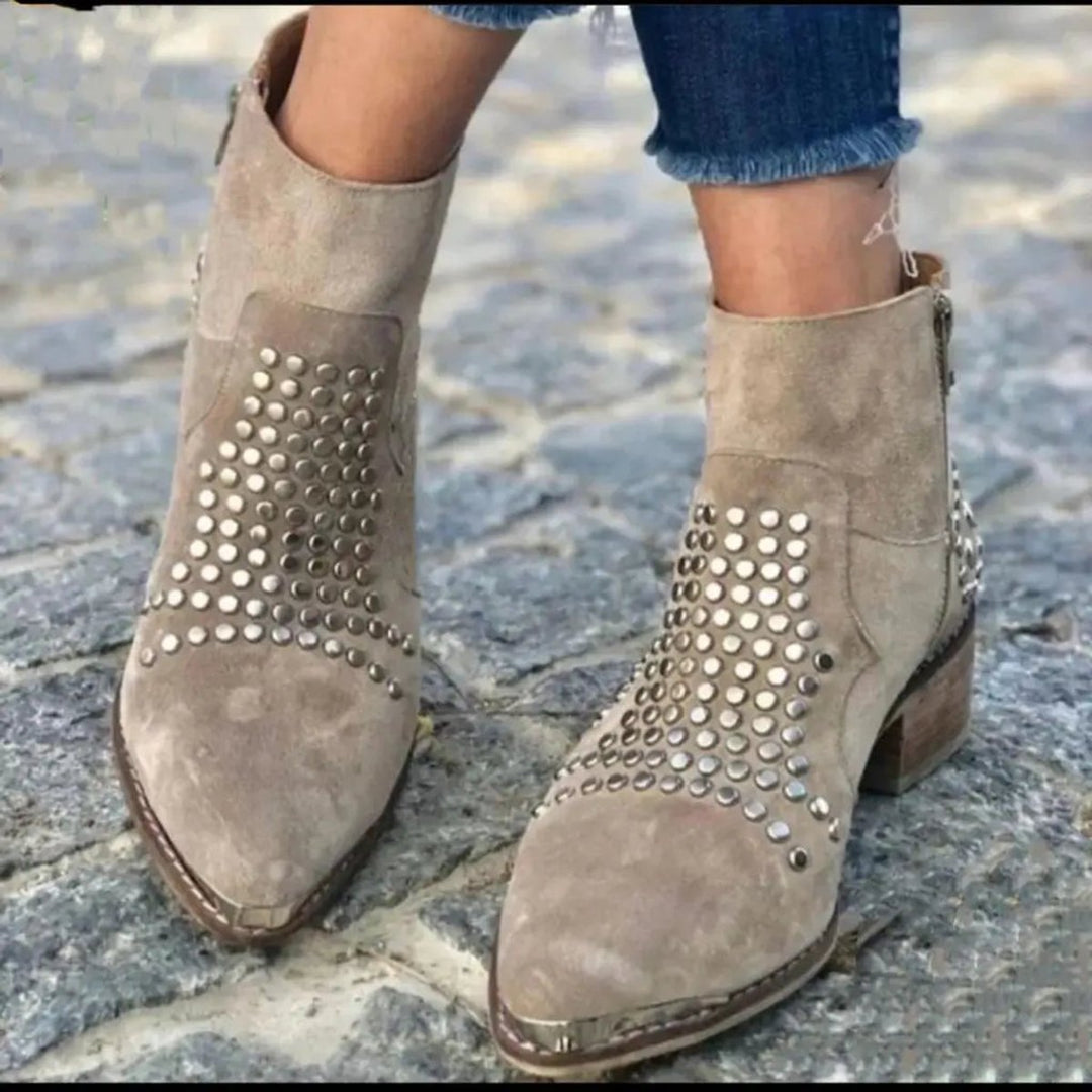 Madeline | Taupe Studded Suede Ankle Boots with Block Heel and Pointed Toe