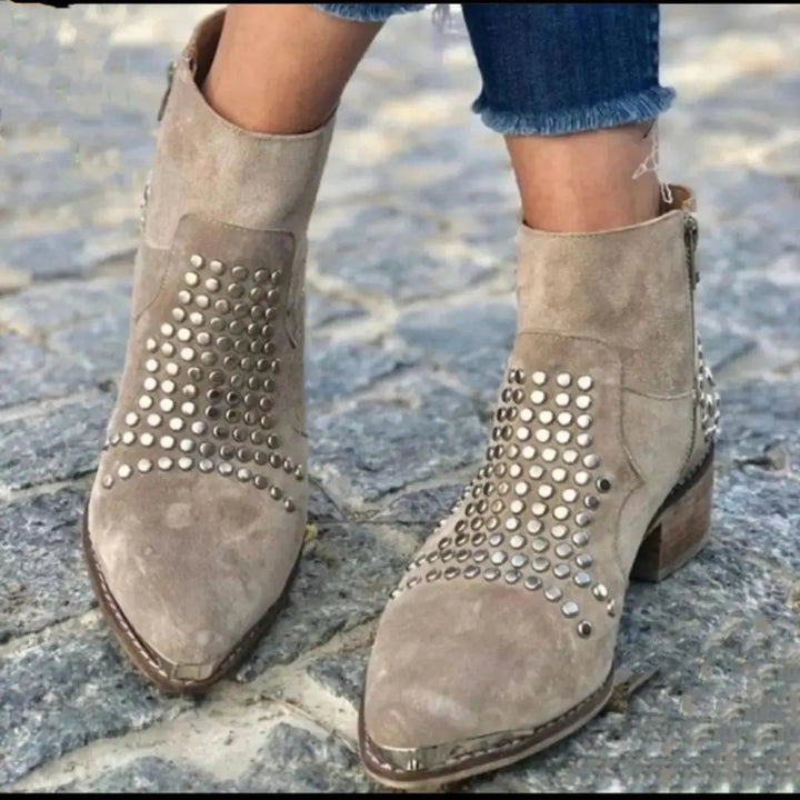 Madeline | Taupe Studded Suede Ankle Boots with Block Heel and Pointed Toe